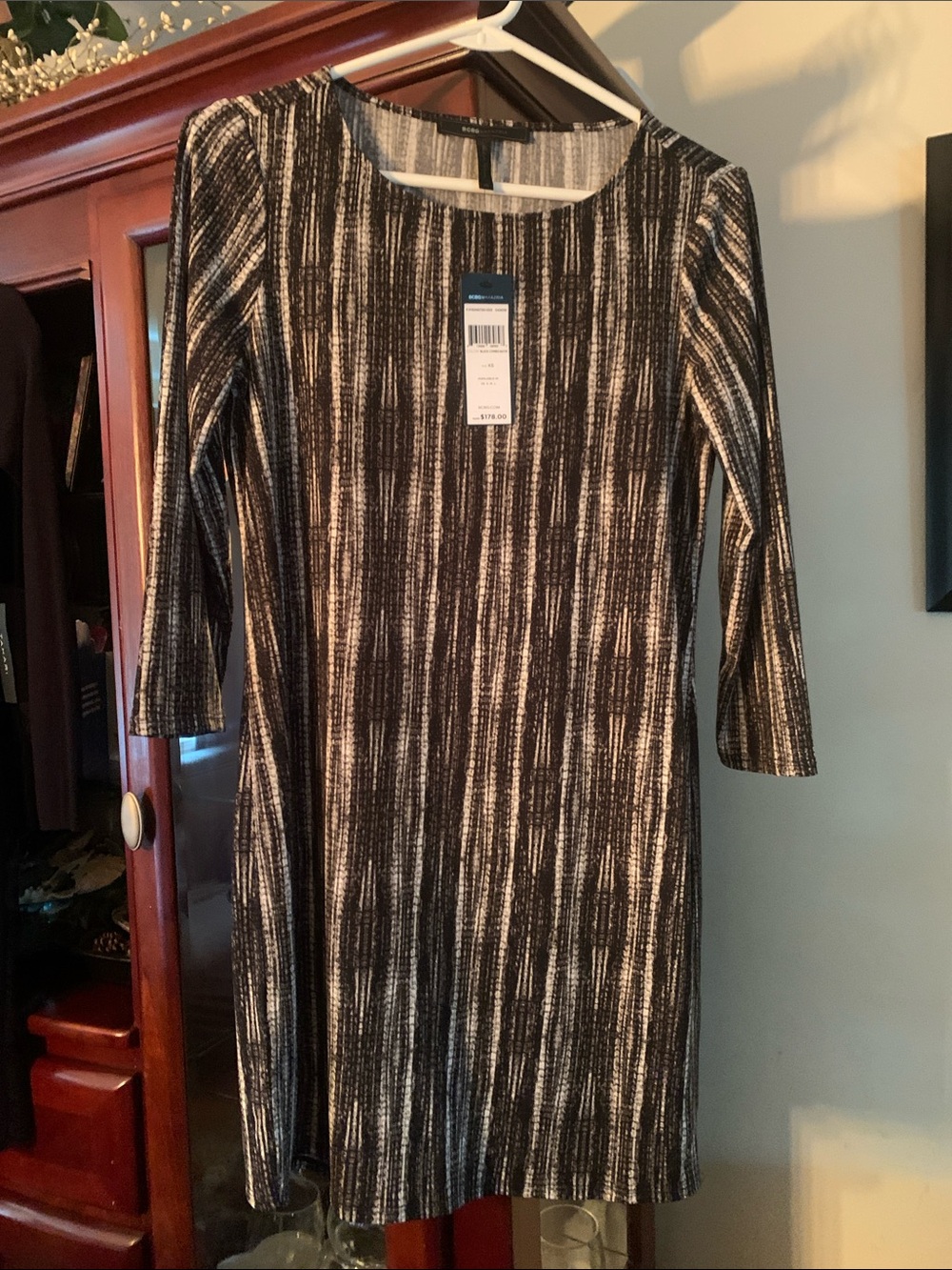 BCBGMaxAzria Black and Cream Striped Long-Sleeve Dress